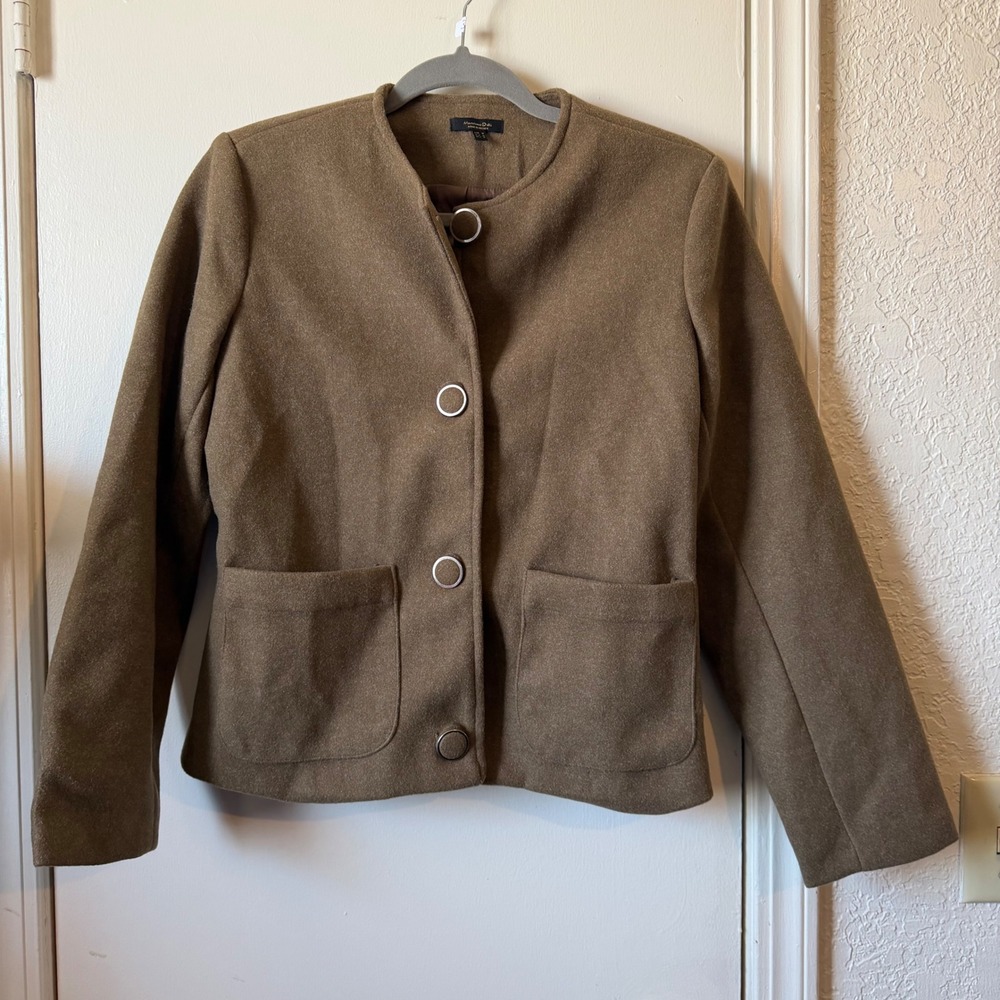 Massimo Dutti Brown Mulberry Silk Blend Collarless Button Front Jacket 5166 M